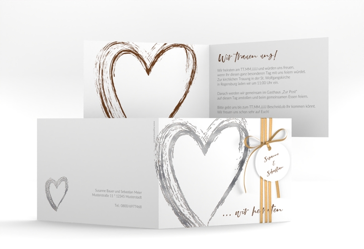 Hochzeitseinladung Liebe A6 Klappkarte quer braun silber