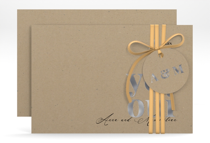 Save the Date-Karte Oui A6 Karte quer Kraftpapier silber mit Ja-Wort in verschiedenen Sprachen