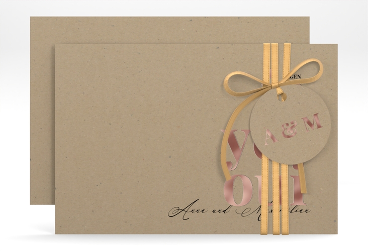 Save the Date-Karte Oui A6 Karte quer Kraftpapier rosegold mit Ja-Wort in verschiedenen Sprachen