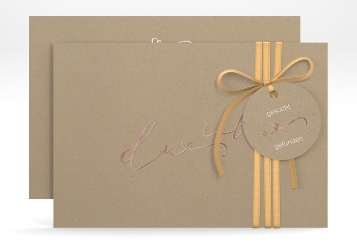 Save the Date-Karte Zweisamkeit A6 Karte quer Kraftpapier rosegold im minimalistischen Stil mit Aufschrift du & ich