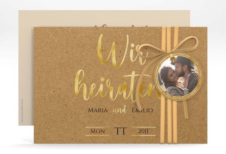 Save the Date-Karte Noble A6 Karte quer Kraftpapier gold mit elegantem Schriftzug