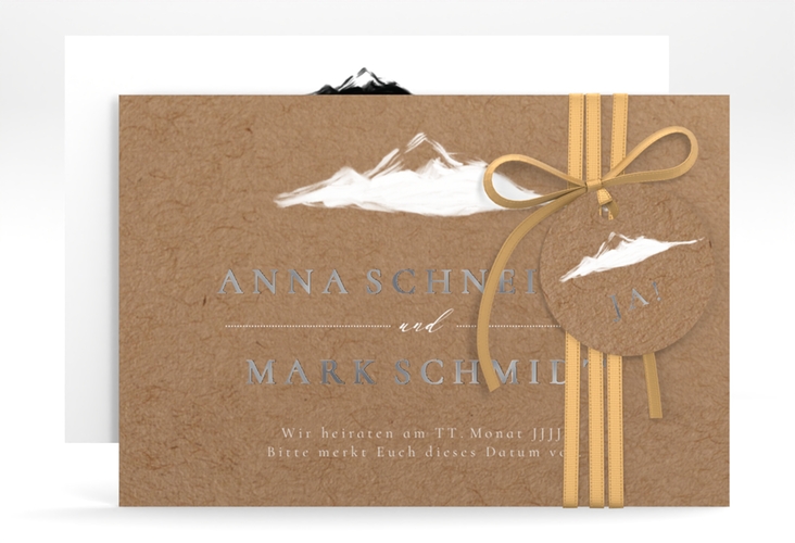 Save the Date-Karte Berghochzeit A6 Karte quer Kraftpapier silber mit Berg-Motiv