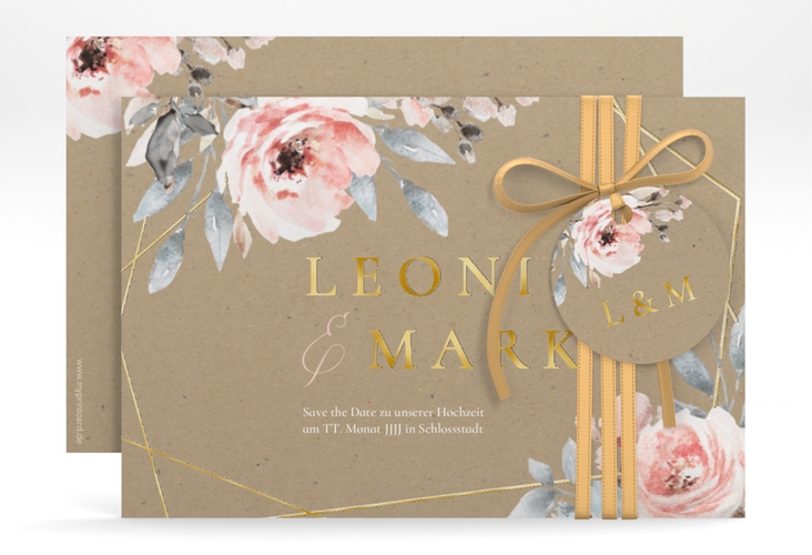 Save the Date-Karte Perfection A6 Karte quer Kraftpapier gold mit rosa Rosen