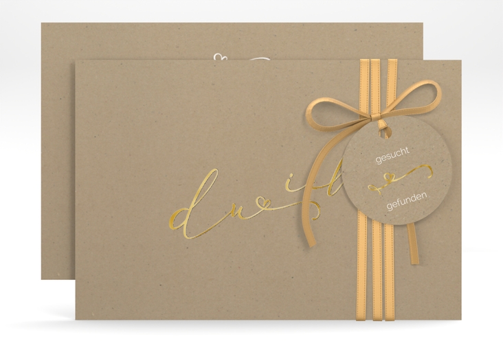 Save the Date-Karte Zweisamkeit A6 Karte quer Kraftpapier gold im minimalistischen Stil mit Aufschrift du & ich