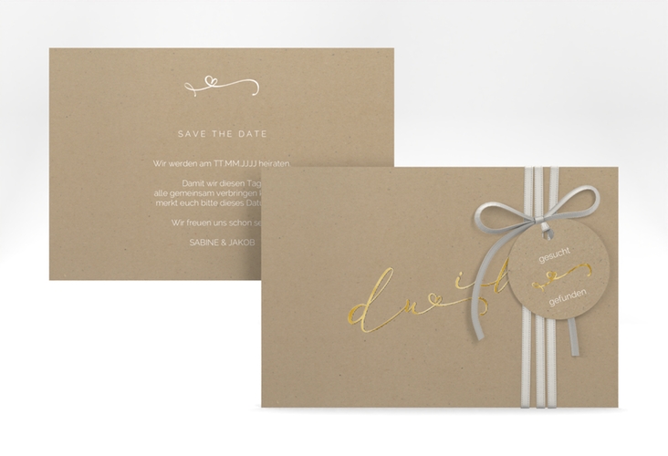 Save the Date-Karte Zweisamkeit A6 Karte quer Kraftpapier gold im minimalistischen Stil mit Aufschrift du & ich