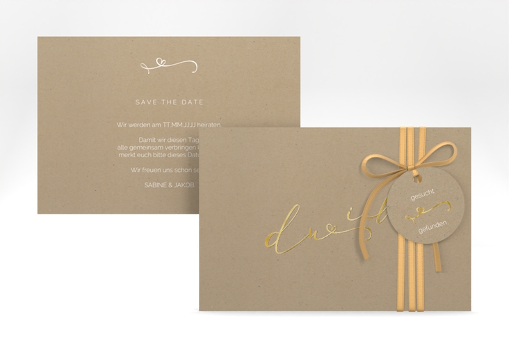 Save the Date-Karte Zweisamkeit A6 Karte quer Kraftpapier gold im minimalistischen Stil mit Aufschrift du & ich