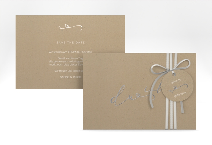 Save the Date-Karte Zweisamkeit A6 Karte quer Kraftpapier silber im minimalistischen Stil mit Aufschrift du & ich