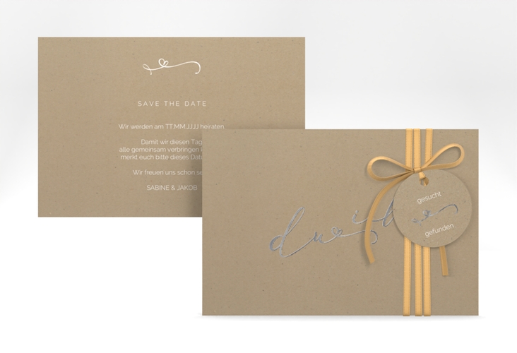 Save the Date-Karte Zweisamkeit A6 Karte quer Kraftpapier silber im minimalistischen Stil mit Aufschrift du & ich