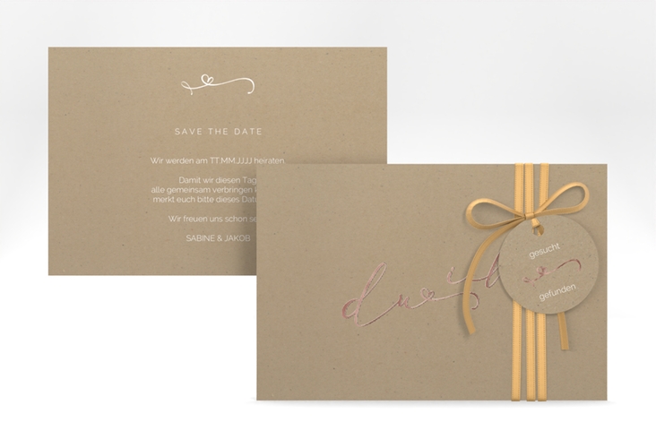 Save the Date-Karte Zweisamkeit A6 Karte quer Kraftpapier rosegold im minimalistischen Stil mit Aufschrift du & ich