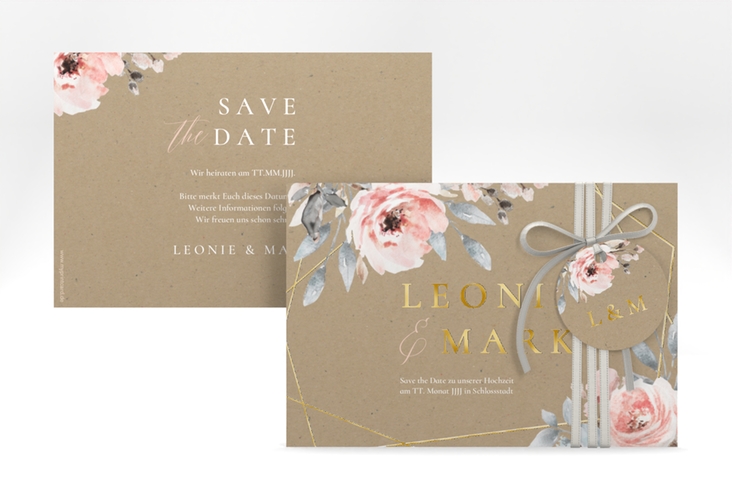 Save the Date-Karte Perfection A6 Karte quer Kraftpapier gold mit rosa Rosen