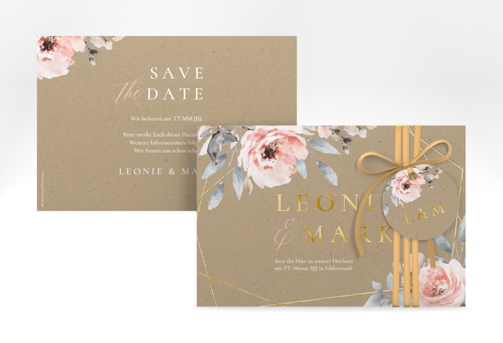 Save the Date-Karte Perfection A6 Karte quer Kraftpapier gold mit rosa Rosen