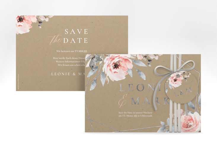 Save the Date-Karte Perfection A6 Karte quer Kraftpapier silber mit rosa Rosen