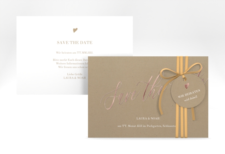 Save the Date-Karte Kalligrafie A6 Karte quer Kraftpapier rosegold