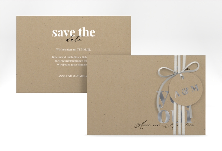 Save the Date-Karte Oui A6 Karte quer Kraftpapier silber mit Ja-Wort in verschiedenen Sprachen