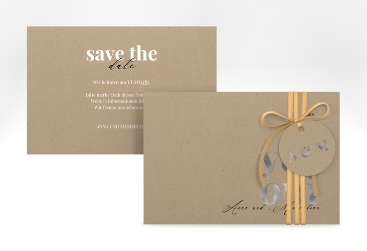Save the Date-Karte Oui A6 Karte quer Kraftpapier silber mit Ja-Wort in verschiedenen Sprachen