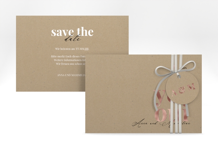 Save the Date-Karte Oui A6 Karte quer Kraftpapier rosegold mit Ja-Wort in verschiedenen Sprachen