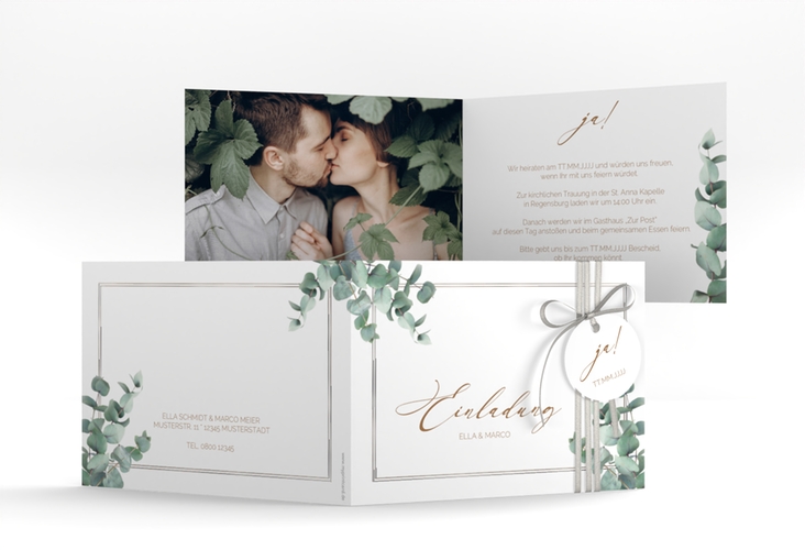 Hochzeitseinladung Eucalypt A6 Klappkarte quer weiss silber mit Eukalyptus und edlem Rahmen