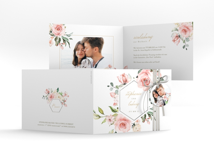 Einladung Hochzeit Graceful A6 Klappkarte quer weiss silber mit Rosenblüten in Rosa und Weiß