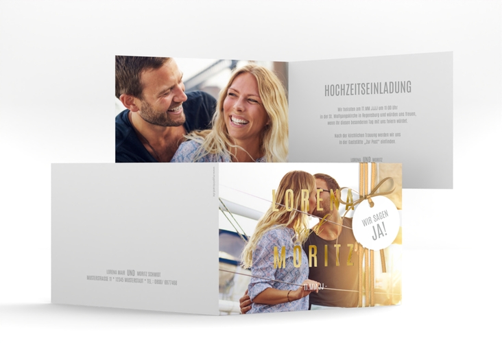Hochzeitseinladung Memory A6 Klappkarte quer weiss gold