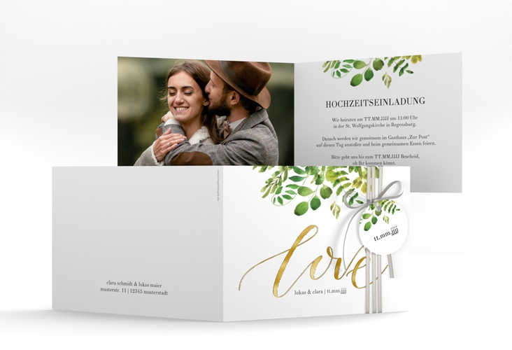 Hochzeitseinladung Botany A6 Klappkarte quer weiss gold