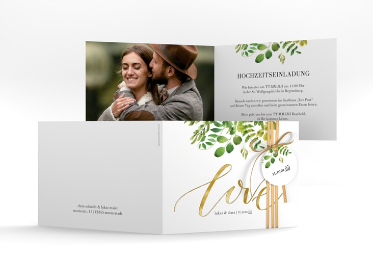 Hochzeitseinladung Botany A6 Klappkarte quer weiss gold
