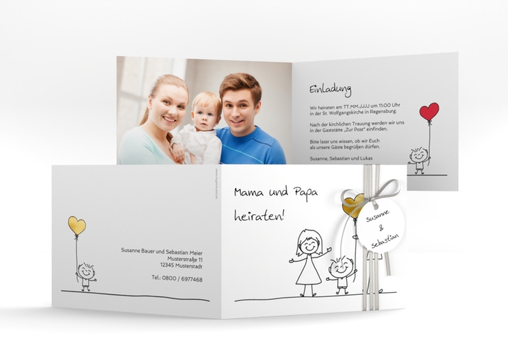 Hochzeitseinladung Family A6 Klappkarte quer weiss gold