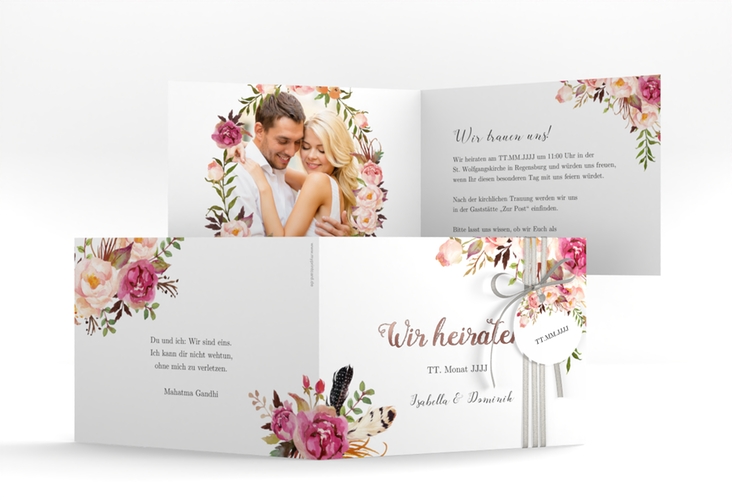 Hochzeitseinladung Flowers A6 Klappkarte quer weiss rosegold mit bunten Aquarell-Blumen