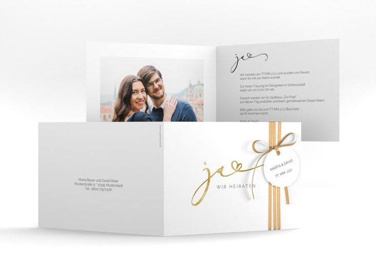 Hochzeitseinladung Jawort A6 Klappkarte quer weiss gold modern minimalistisch mit veredelter Aufschrift
