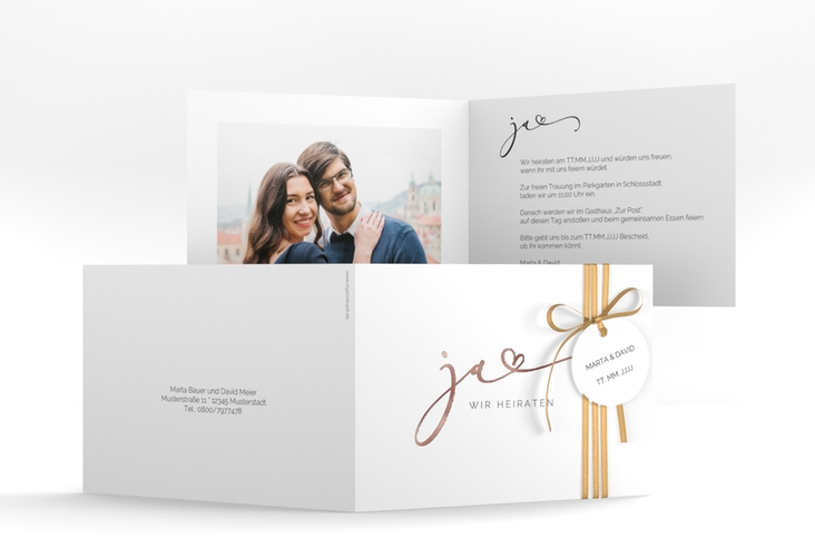 Hochzeitseinladung Jawort A6 Klappkarte quer weiss rosegold modern minimalistisch mit veredelter Aufschrift