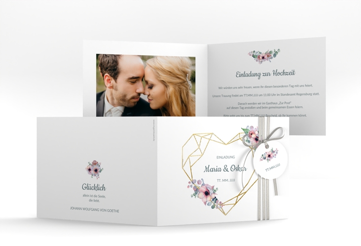 Hochzeitseinladung Herzgold A6 Klappkarte quer weiss gold