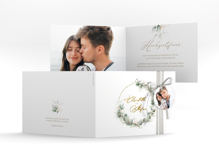 Hochzeitseinladung Selvatica A6 Klappkarte quer weiss gold mit Eukalyptus-Kranz