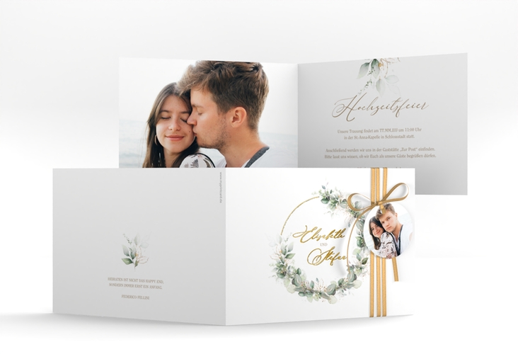 Hochzeitseinladung Selvatica A6 Klappkarte quer weiss gold mit Eukalyptus-Kranz