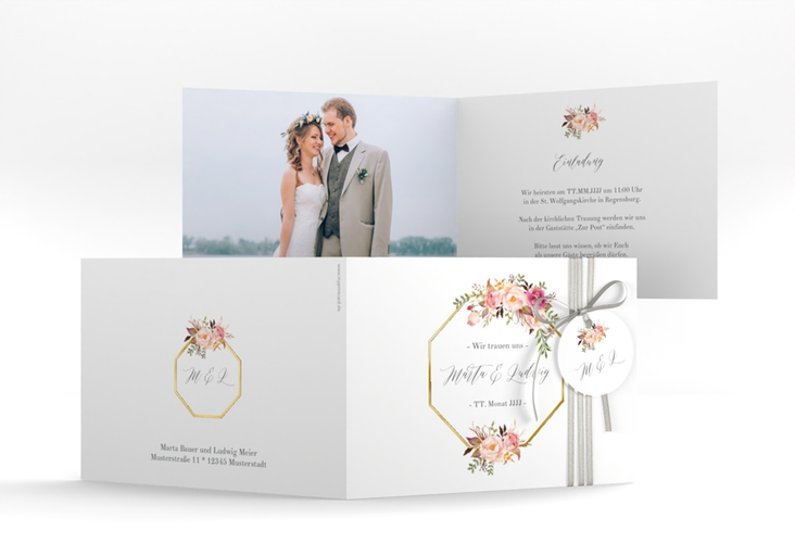 Hochzeitseinladung Prachtvoll A6 Klappkarte quer weiss gold