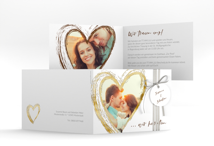 Hochzeitseinladung Liebe A6 Klappkarte quer braun gold
