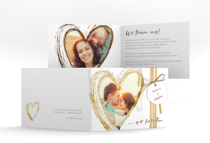 Hochzeitseinladung Liebe A6 Klappkarte quer braun gold