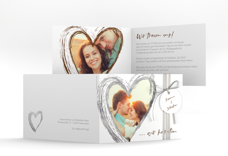 Hochzeitseinladung Liebe A6 Klappkarte quer braun silber