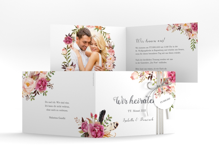 Hochzeitseinladung Flowers A6 Klappkarte quer weiss silber mit bunten Aquarell-Blumen