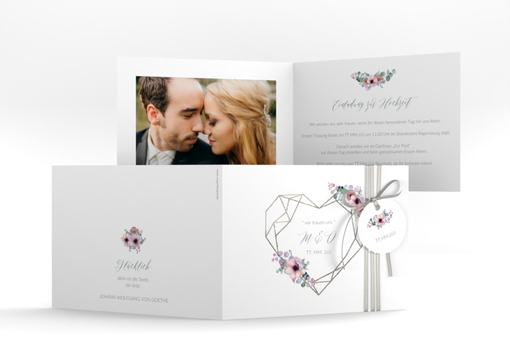 Hochzeitseinladung Herzgold A6 Klappkarte quer weiss silber