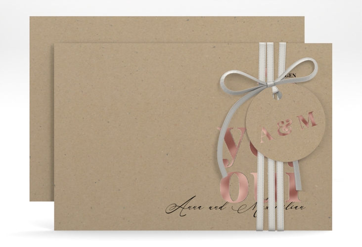 Save the Date-Karte Oui A6 Karte quer Kraftpapier rosegold mit Ja-Wort in verschiedenen Sprachen