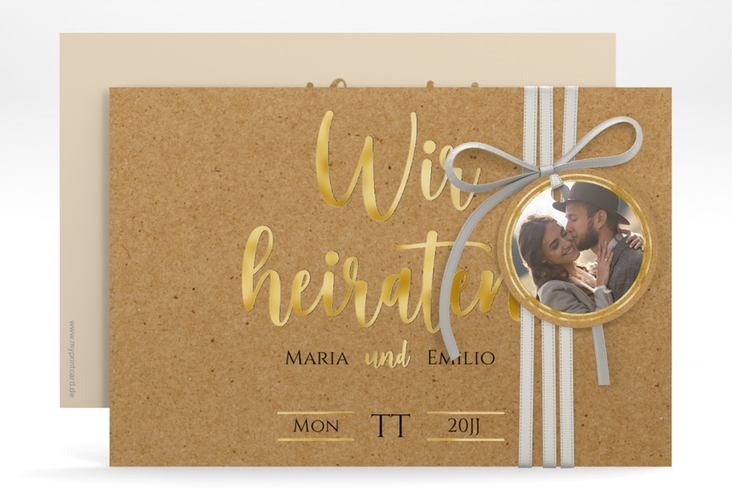 Save the Date-Karte Noble A6 Karte quer Kraftpapier gold mit elegantem Schriftzug