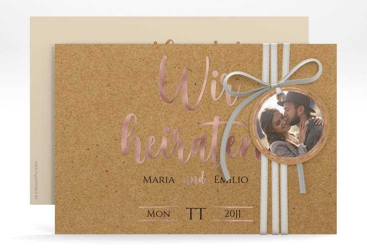 Save the Date-Karte Noble A6 Karte quer Kraftpapier rosegold mit elegantem Schriftzug