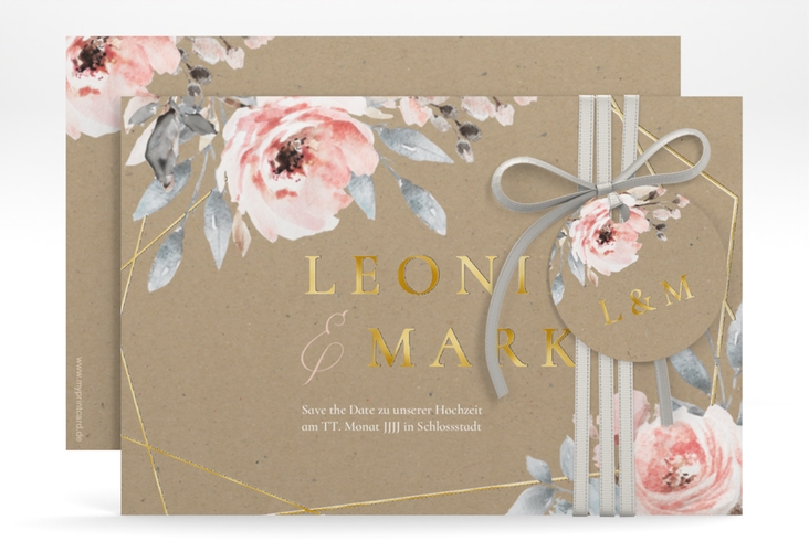 Save the Date-Karte Perfection A6 Karte quer Kraftpapier gold mit rosa Rosen