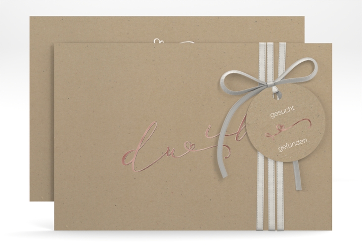 Save the Date-Karte Zweisamkeit A6 Karte quer Kraftpapier rosegold im minimalistischen Stil mit Aufschrift du & ich
