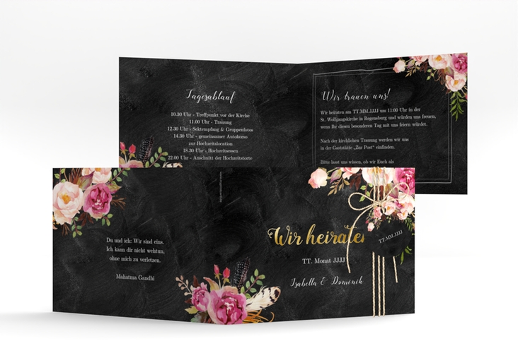 Hochzeitseinladung Flowers A6 Klappkarte quer schwarz gold mit bunten Aquarell-Blumen
