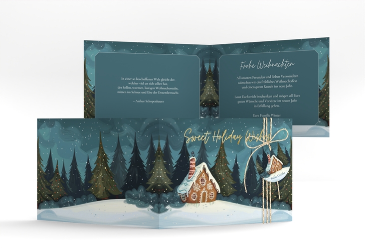 Weihnachtskarte Knusperhaus A6 Klappkarte quer tuerkis gold mit Lebkuchenhaus im Winterwald