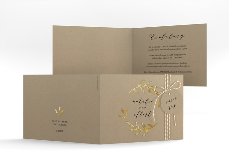 Hochzeitseinladung Naturelove A6 Klappkarte quer schwarz gold in Kraftpapier-Optik mit Blatt-Illustration