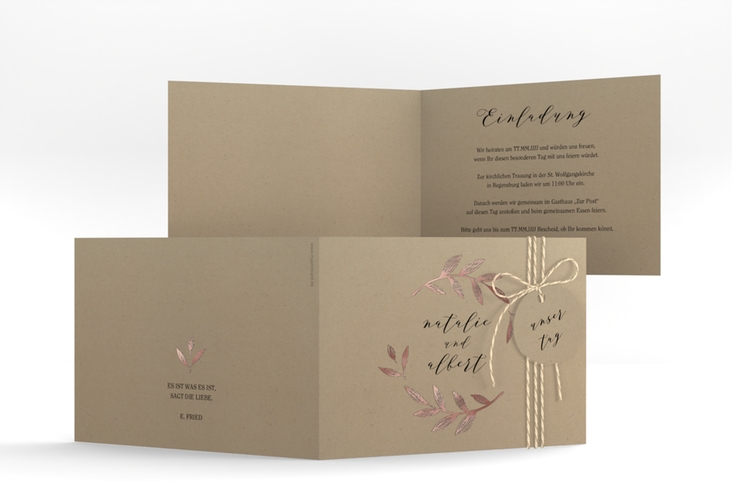 Hochzeitseinladung Naturelove A6 Klappkarte quer schwarz rosegold in Kraftpapier-Optik mit Blatt-Illustration