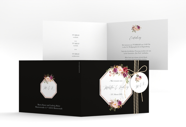 Hochzeitseinladung Prachtvoll A6 Klappkarte quer schwarz rosegold