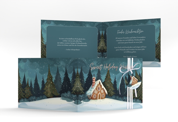 Weihnachtskarte Knusperhaus A6 Klappkarte quer tuerkis rosegold mit Lebkuchenhaus im Winterwald