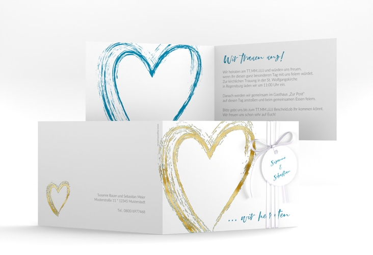 Hochzeitseinladung Liebe A6 Klappkarte quer tuerkis gold